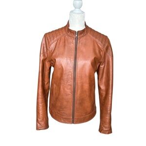 Zara Unisex Biker Leather Jacket – Tan/Cognac, Size Small Like New